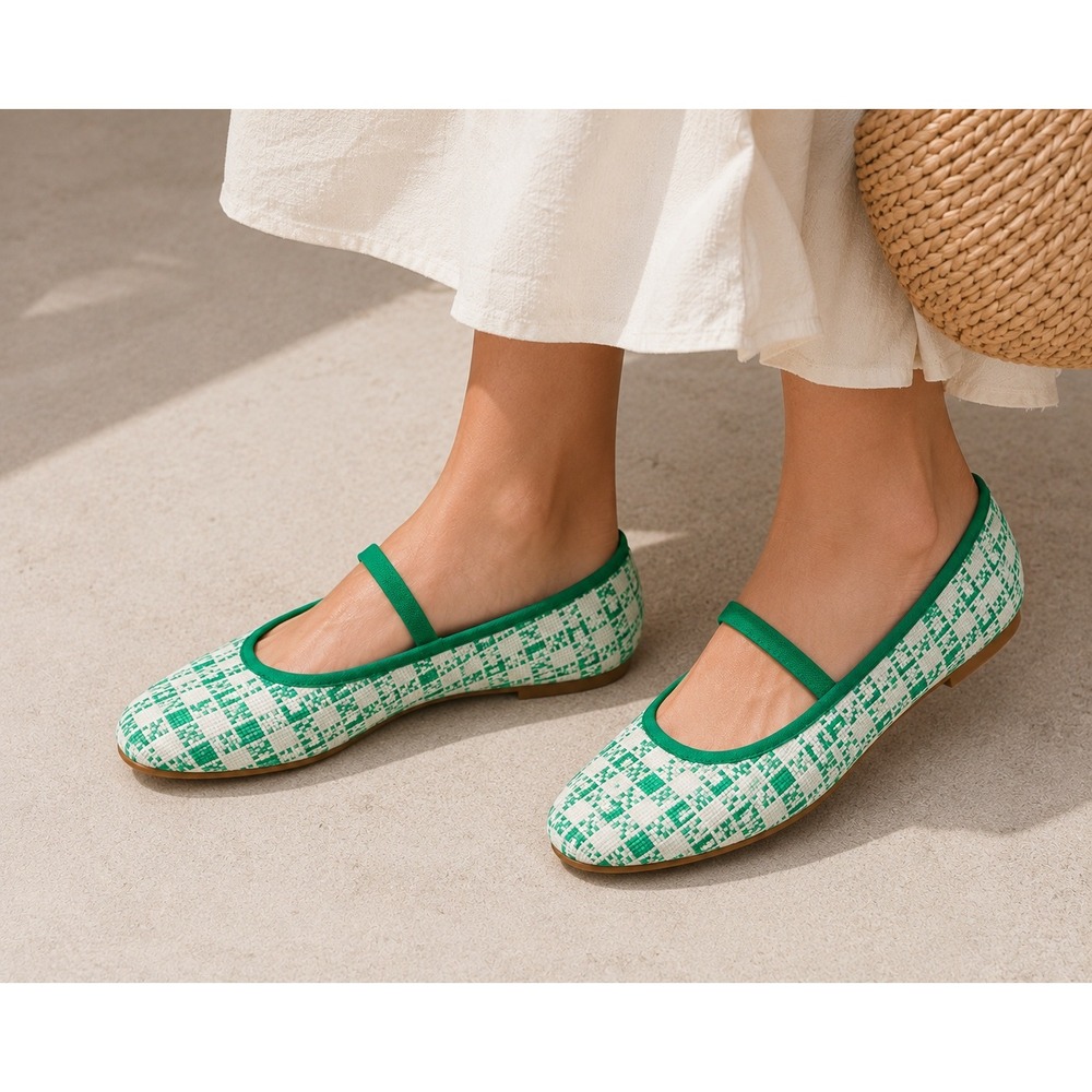 VIVAIA Tamia Mary Jane Green Gingham Knit Flats Shoes Womens EU 38.5 US 7.5